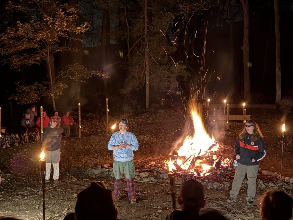 Troop 334 leading the camp in a rousing version of "Rise and Shine"