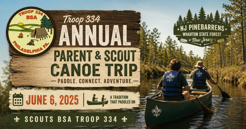 Poster for Troop 334's annual parent & scout canoe trip with two people paddling on a forest river.